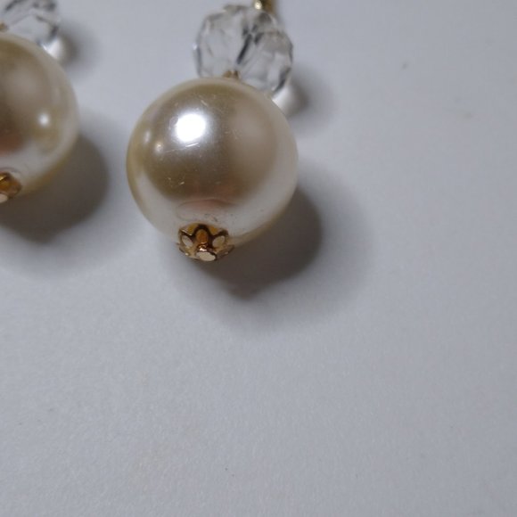 Vintage Clear Glass Bead And Faux Pearl Dangle Earrings - Picture 6 of 13